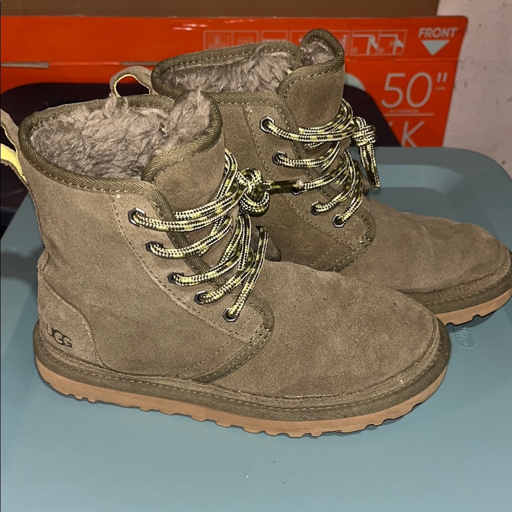 UGG Olive Suede Boots with Fur and Yellow Laces